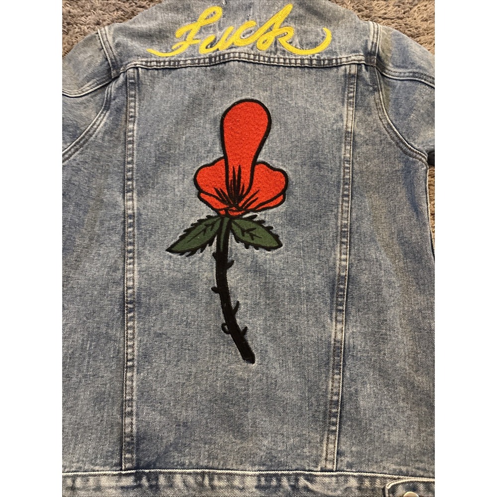 UNIF Outsider Denim Jacket Distressed Rose F*ck Embroidered Size S Small - Picture 11 of 12